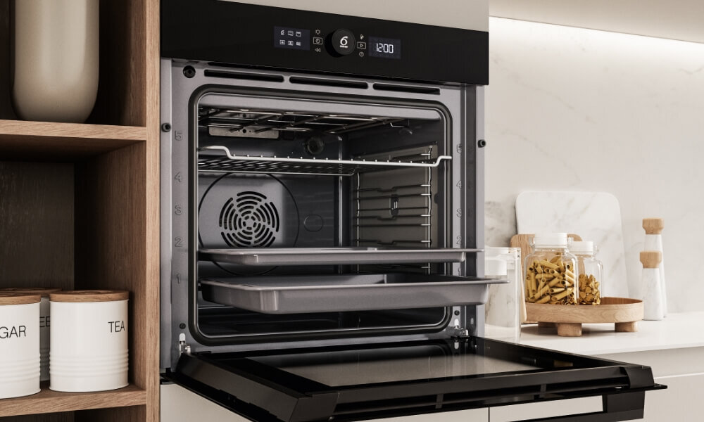 PIEKARNIK WHIRLPOOL WOI11P8FHT2SBAF lifestyle front otwary wnętrze ruszt blachy dekoracje kuchenne pojemność 73 litry Komora XXL dużo miejsca wnętrze swoboda elastyczność