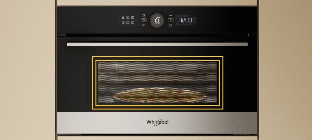 KUCHNIA MIKROFALOWA WHIRLPOOL WMD54MX lifestyle front zamknięta panel funkcje oświetlone wnętrze potrawa w środku logo Funkcje JetStart i Jet Menu błyskawiczne nagrzewanie pełna moc automatyczne dobieranie ustawień