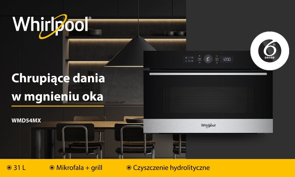 KUCHNIA MIKROFALOWA WHIRLPOOL WMD54MX lifestyle baner top logo front najważniejsze funkcje infografika pojemność cechy