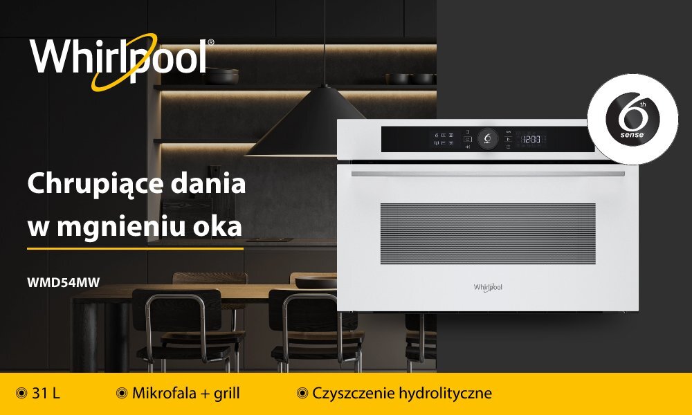 KUCHNIA MIKROFALOWA WHIRLPOOL WMD54MW lifestyle baner top logo front najważniejsze funkcje infografika pojemność cechy