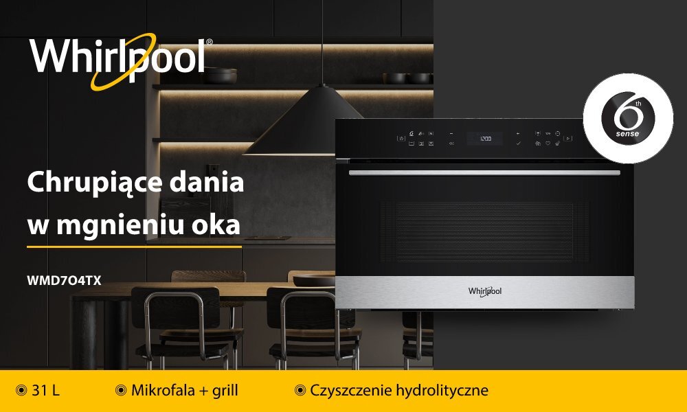 KUCHNIA MIKROFALOWA WHIRLPOOL WMD7O4TX lifestyle baner top logo front najważniejsze funkcje infografika pojemność cechy