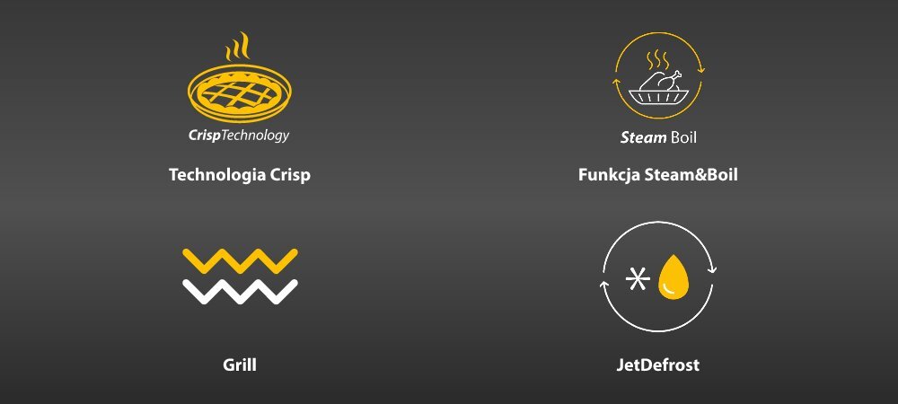 KUCHNIA MIKROFALOWA WHIRLPOOL WMD7O4TB ikony fukcje cechy najważniejsze cechy funkcje Crisp 3D grill kwarcowy rozmrażanie