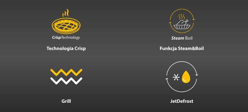 KUCHNIA MIKROFALOWA WHIRLPOOL WMD7O4TSG ikony fukcje cechy najważniejsze cechy funkcje Crisp 3D grill kwarcowy rozmrażanie