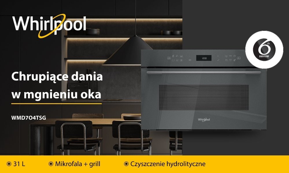 Reklama kuchenki mikrofalowej Whirlpool z tekstem: \'Chrupiące dania w mgnieniu oka\'. Widoczne są funkcje: 31 L, Mikrofala + grill, Czyszczenie hydroliczne oraz logo \'6th sense\'.