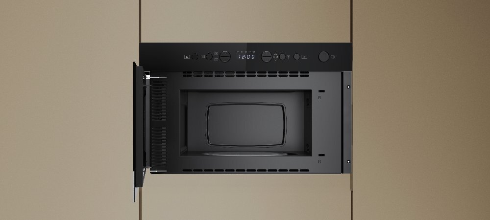 KUCHNIA MIKROFALOWA WHIRLPOOL WMN574BX lifestyle front otwarta wnętrze wykonanie design panel pokrętło cechy dodatkowe możliwości funkcje Pokrętło 6. Zmysł 7 poziomów mocy Design - kolor czarny inox Wnętrze stal nierdzewna pojemna komora pojemność 22 L
