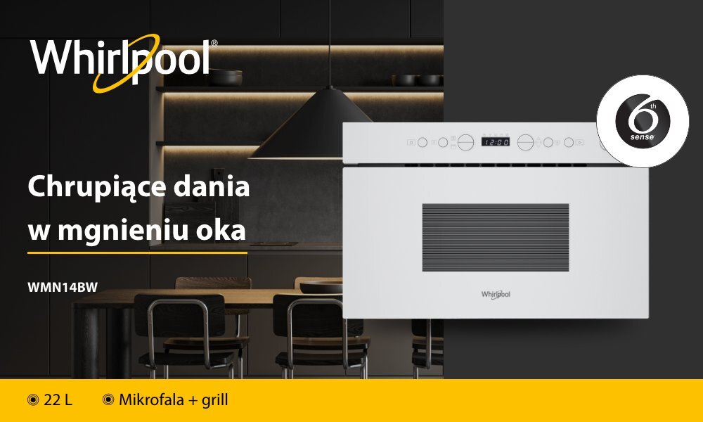 KUCHNIA MIKROFALOWA WHIRLPOOL WMN14BW lifestyle baner top logo front najważniejsze funkcje infografika pojemność cechy