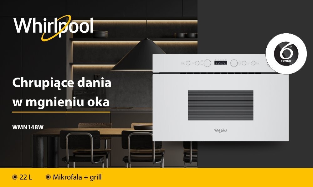 Reklama kuchenki mikrofalowej Whirlpool WMN14BW z funkcją grill, pojemność 22L, w kolorze białym. Tekst: \'Chrupiące dania w mgnieniu oka\', logo Whirlpool, symbol 6th sense.