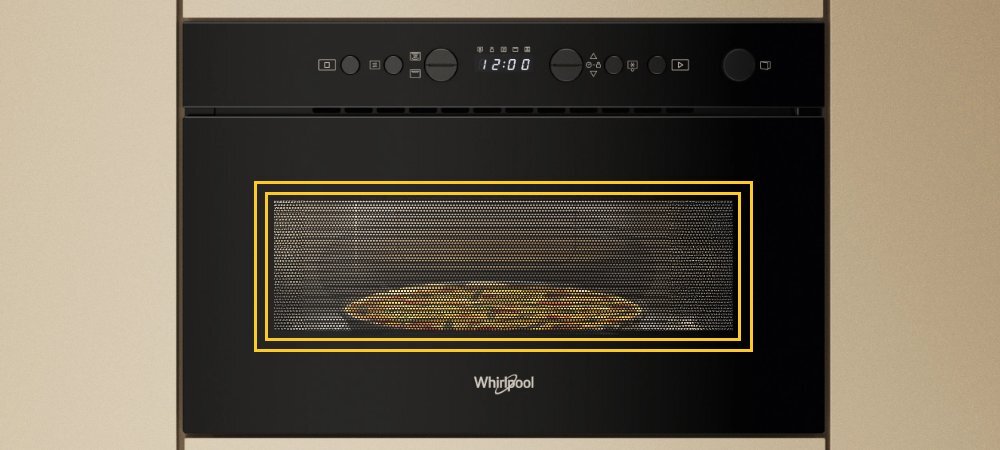 KUCHNIA MIKROFALOWA WHIRLPOOL WMN14BB lifestyle front zamknięta kolor czarny panel funkcje oświetlone wnętrze potrawa w środku logo Funkcje JetStart JetStart błyskawiczne szybkie nagrzewanie wnętrza do zup wody pełna moc