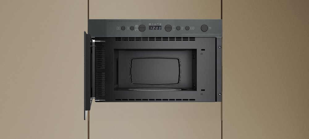 KUCHNIA MIKROFALOWA WHIRLPOOL WMN14BSG lifestyle front otwarta wnętrze wykonanie design panel pokrętło cechy dodatkowe możliwości funkcje Pokrętło 6. Zmysł 7 poziomów mocy Design - kolor Star Dust Grey szary lustrzany Wnętrze stal nierdzewna pojemna komora pojemność 22 L