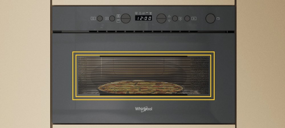 KUCHNIA MIKROFALOWA WHIRLPOOL WMN14BSG lifestyle front zamknięta kolor czarny panel funkcje oświetlone wnętrze potrawa w środku logo Funkcje JetStart JetStart błyskawiczne szybkie nagrzewanie wnętrza do zup wody pełna moc