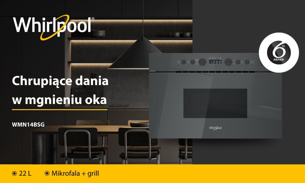 KUCHNIA MIKROFALOWA WHIRLPOOL WMN14BSG lifestyle baner top logo front najważniejsze funkcje infografika pojemność cechy