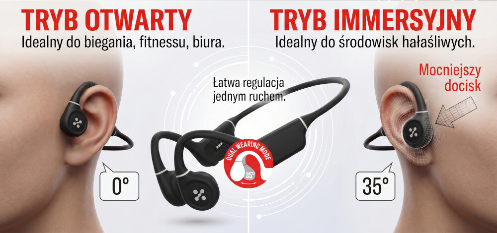 Słuchawki kostne XMUSIC XWS700K Swim – tryb otwarty 0 stopni i tryb immersyjny 35 stopni, regulacja kąta Zbliżenie na dłonie trzymające szare, silikonowe zatyczki do uszu o charakterystycznym, choinkowym kształcie. W tle na drewnianym stole leżą słuchawki z technologią przewodnictwa kostnego, pudełeczko po zatyczkach i notebook. Zdjęcie pokazuje akcesoria dołączone do słuchawek.