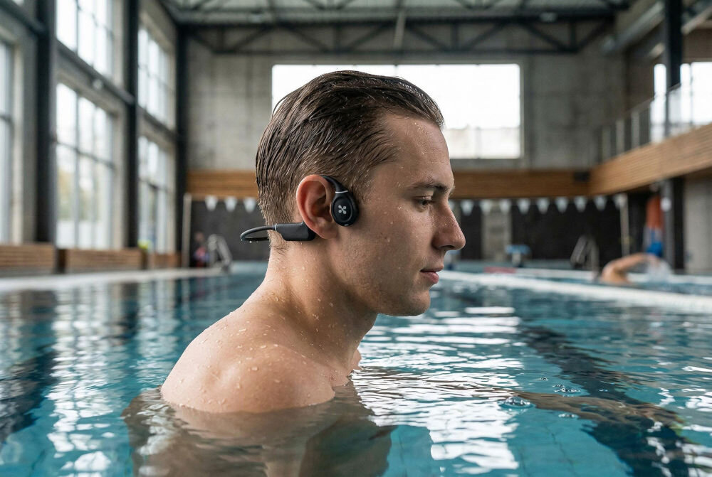 Słuchawki kostne XMUSIC XWS700K Swim – widok ogólny, przewodnictwo kostne, wodoodporność IPX8 Mężczyzna w wodzie w basenie nosi czarne, bezprzewodowe słuchawki z technologią przewodnictwa kostnego. Na obudowie prawej słuchawki widać logo marki - stylizowane X. Tło jest rozmyte, widać oświetlone naturalnym światłem okna i krawędź basenu. Ujęcie lifestylowe promujące wodoodporność słuchawek.