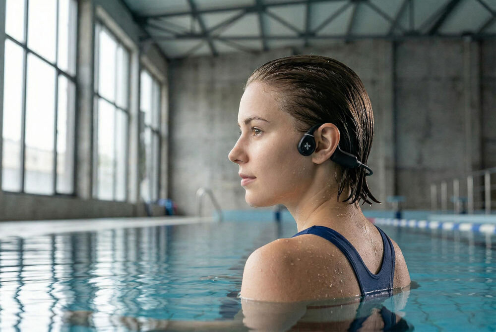 Słuchawki kostne XMUSIC XWS700K Swim – wodoodporność IPX8, zanurzenie do 3 metrów, pływanie w basenie Kobieta w niebieskim stroju kąpielowym stoi w wodzie w basenie, patrząc w lewo. Na uszach ma czarne słuchawki z technologią przewodnictwa kostnego z logiem marki. Tło jest industrialne z dużymi oknami, stalową konstrukcją dachu i innymi osobami w oddali. Ujęcie lifestylowe z treningu w wodzie. wbudowana technologia ENC skutecznie redukuje hałas otoczenia