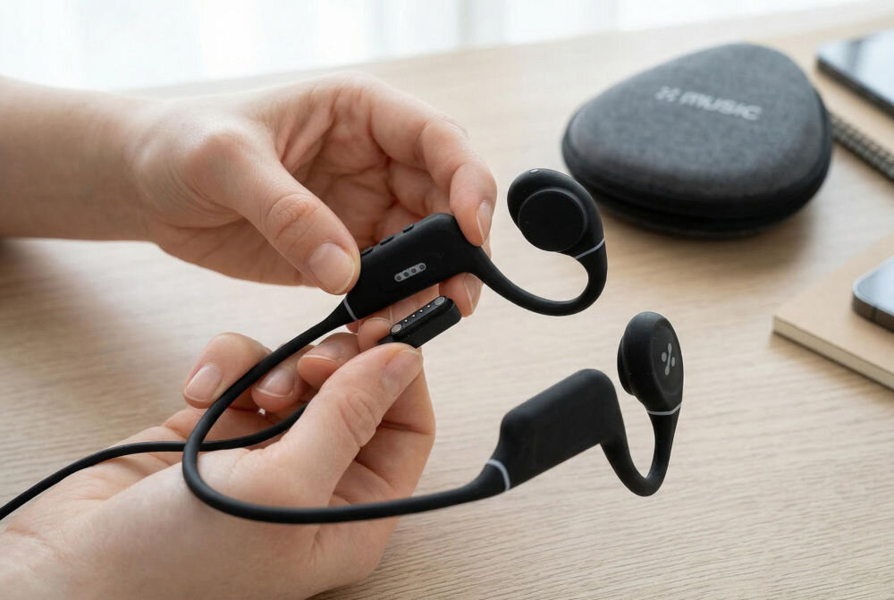Słuchawki kostne XMUSIC XWS700K Swim – wbudowany odtwarzacz MP3 32GB, Bluetooth 6.0, multipoint Zbliżenie na dłonie trzymające czarne słuchawki z technologią przewodnictwa kostnego. Prawa dłoń wskazuje na złącze magnetyczne do ładowania na obudowie słuchawek. W tle na drewnianym stole leży szare etui z logiem marki i telefon. Zdjęcie techniczne pokazuje sposób ładowania.