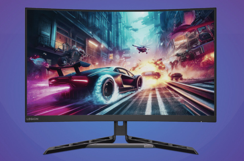 Monitor LENOVO R32QC-30 31.5 cala 2560x1440px 180Hz 0.5 ms [MPRT] Curved prezentacja monitora na fioletowym tle gra samochody jakość światło zakrzywiony ekran