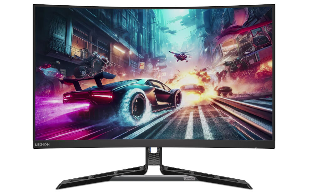 Monitor LENOVO R32QC-30 31.5 cala 2560x1440px 180Hz 0.5 ms [MPRT] Curved prezentacja monitora na białym tle gra samochody jakość światło zakrzywiony ekran panel VA z podświetleniem WLED 99% pokrycia palety sRGB żywe kolory precyzja wyświetlania 3-stronna bezramkowa konstrukcja aktywny obszar 697,3 x 392, 3 mm