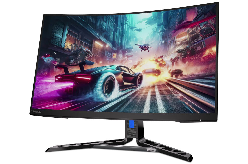 Monitor LENOVO R32QC-30 31.5 cala 2560x1440px 180Hz 0.5 ms [MPRT] Curved prezentacja monitora na białym tle pod kątem gra samochody jakość światło zakrzywiony ekran technologia Natural Low Blue Light certyfikat TÜV Low Blue Light redukcja emisji szkodliwego niebieskiego światła żywe kolory