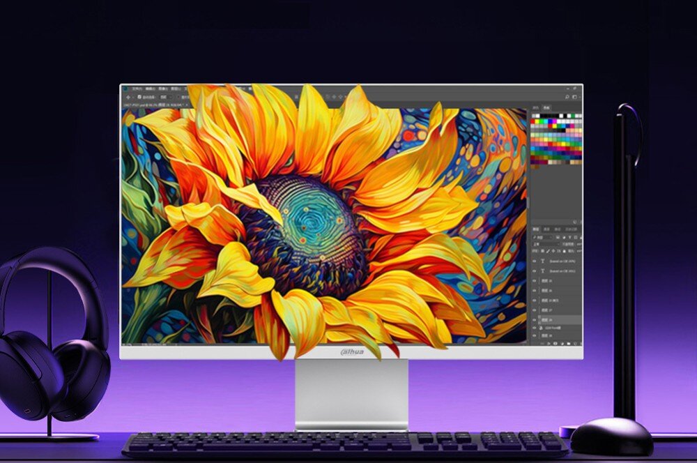 Monitor DAHUA LM27-P501 Monitor z grafiką słonecznika stojący na biurku obok słuchawek na stojaku, klawiatury oraz myszy komputerowej