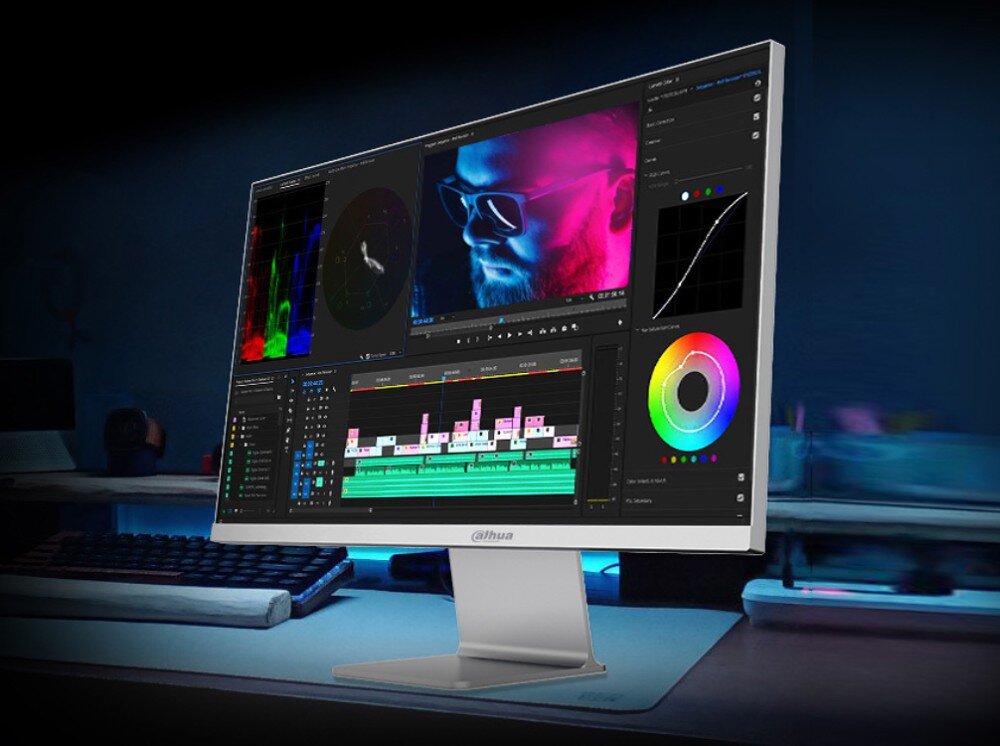 Monitor DAHUA LM27-P501 Monitor na biurku wyświetlający program do edycji wideo, obok widoczna jest klawiatura
