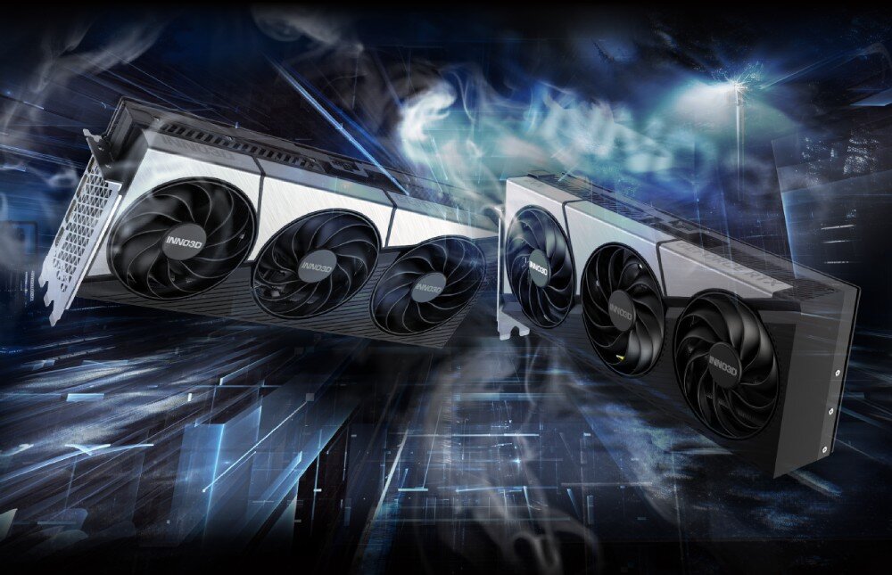 Karta graficzna INNO3D GeForce RTX 5090 X3 OC 32GB Karta graficzna z trzema wentylatorami przedstawiona w dynamicznej kompozycji z efektami błyskawic i wodnych rozbryzgów w tle
