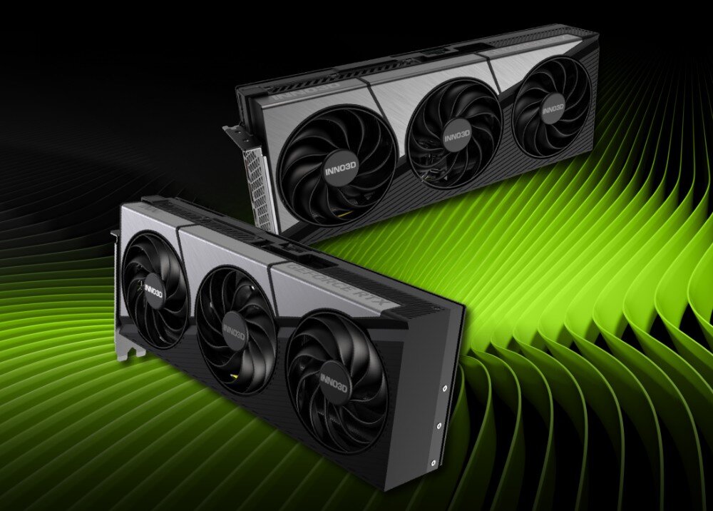 Karta graficzna INNO3D GeForce RTX 5090 X3 OC 32GB Dwa egzemplarze karty prezentowane na tle zielonych falistych wzorów