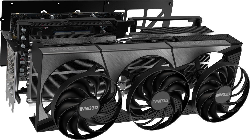 Karta graficzna INNO3D GeForce RTX 5090 X3 OC 32GB Zbliżenie na rozbudowany układ chłodzenia, ukazujące szczegóły radiatora i systemu odprowadzania ciepła