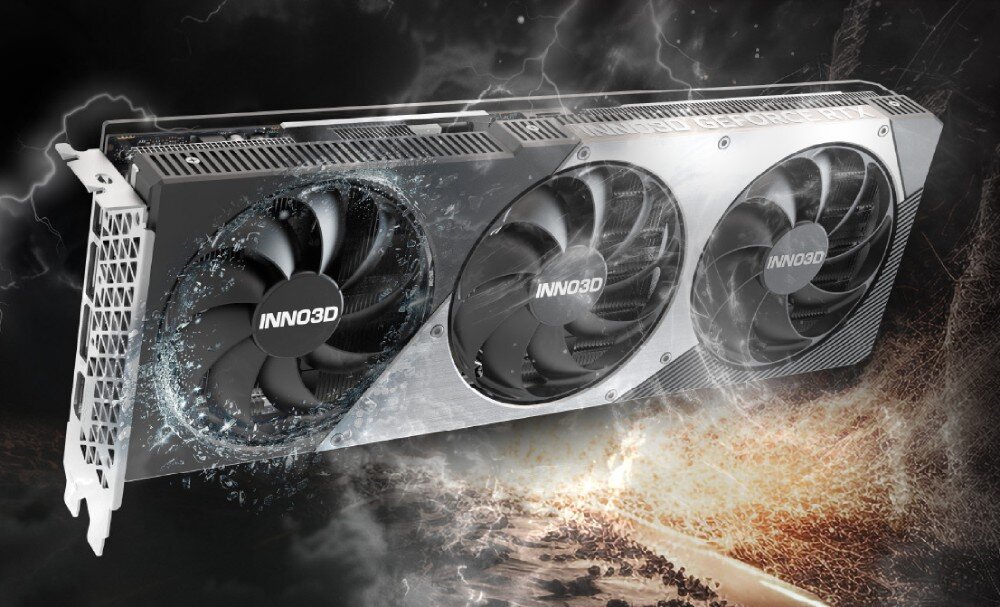 Karta graficzna INNO3D GeForce RTX 5070 Ti X3 OC 16GB Karta graficzna z trzema wentylatorami przedstawiona w dynamicznej kompozycji z efektami błyskawic i wodnych rozbryzgów w tle