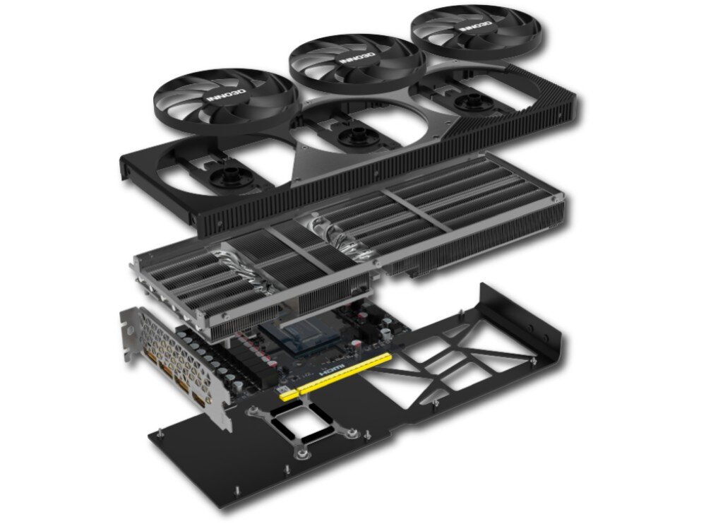 Karta graficzna INNO3D GeForce RTX 5070 Ti X3 OC 16GB Widok tylnej części karty z czarnym metalowym backplate’em, podkreślającym solidność konstrukcji i otworami wentylacyjnymi poprawiającymi przepływ powietrza