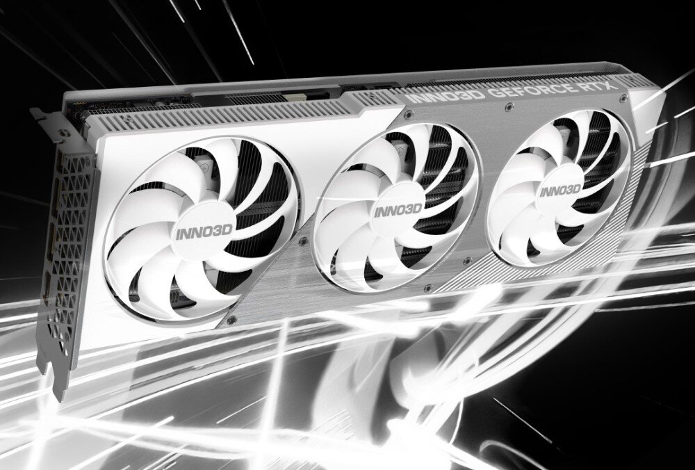 Karta graficzna INNO3D GeForce RTX 5070 Ti X3 OC 16GB Karta graficzna z trzema wentylatorami przedstawiona w dynamicznej kompozycji z efektami błyskawic i wodnych rozbryzgów w tle
