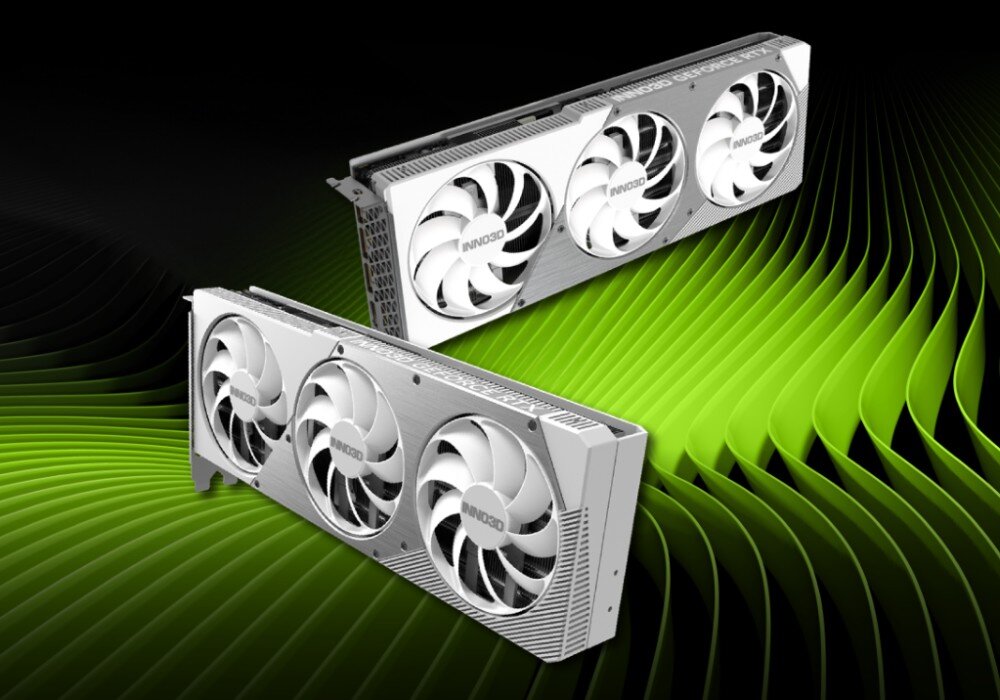 Karta graficzna INNO3D GeForce RTX 5070 Ti X3 OC 16GB Dwa egzemplarze karty prezentowane na tle zielonych falistych wzorów