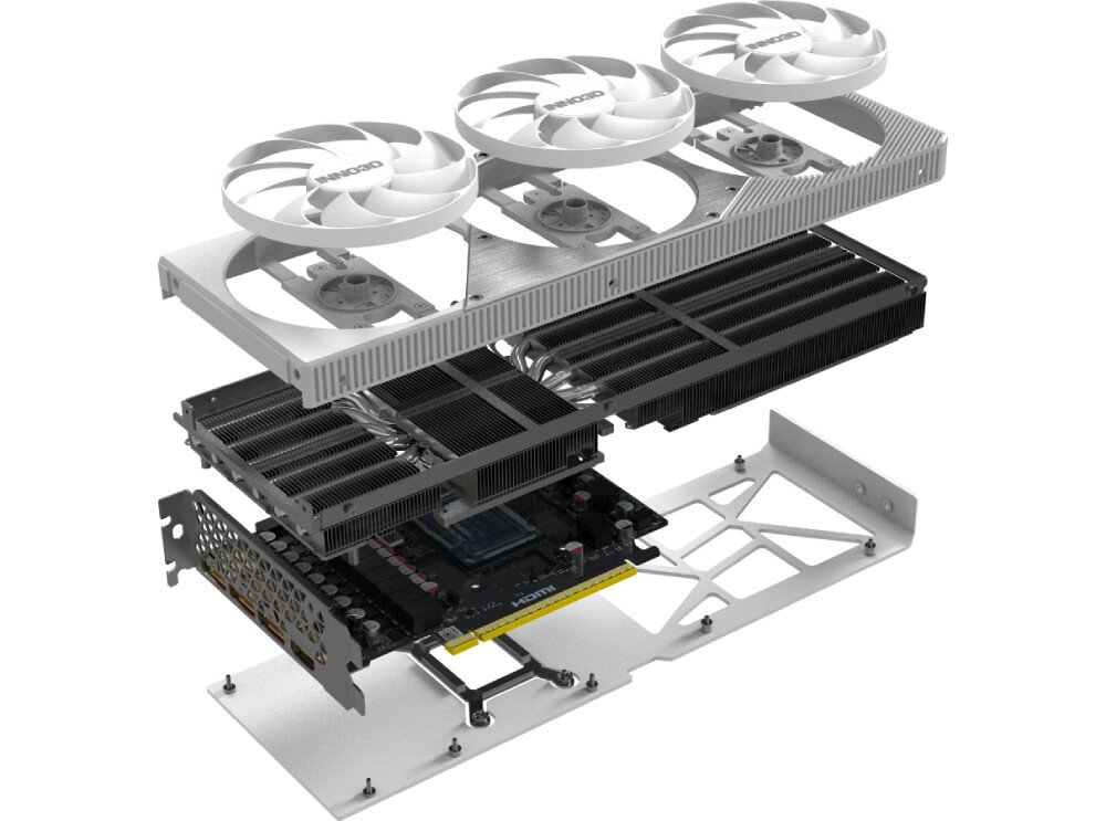 Karta graficzna INNO3D GeForce RTX 5070 Ti X3 OC 16GB Widok tylnej części karty z czarnym metalowym backplate’em, podkreślającym solidność konstrukcji i otworami wentylacyjnymi poprawiającymi przepływ powietrza