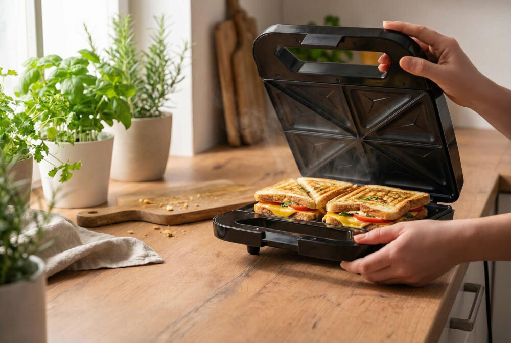 Opiekacz GOTZE & JENSEN SM703X otwarty opiekacz z kanapkami w środku w tle osoba przygotowuje kolejne tosty