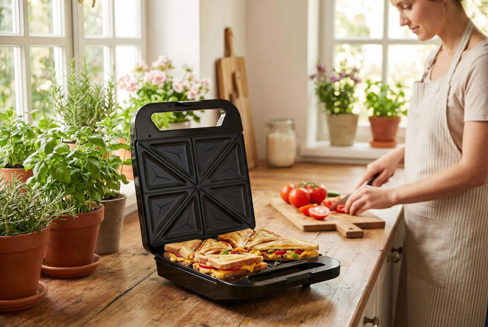 Opiekacz GOTZE & JENSEN SM703X widok z góry na otwarty opiekacz stojący na drewnianym bralcie obok talerz z kanapkami i warzywa