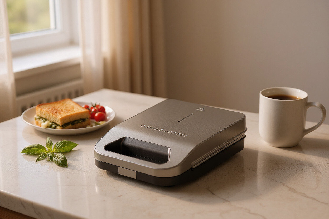 Opiekacz GOTZE & JENSEN SM703X otwarty opiekacz z kanapkami w środku w tle osoba przygotowuje kolejne tosty