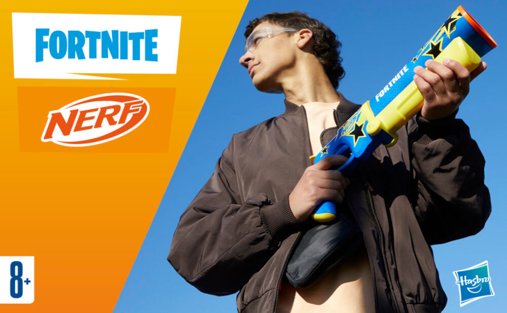 Wyrzutnia NERF Fortnite Half Tone Hero F8947EU4 baner z postaciami i wyrzutnią w nawiązującym wzorze