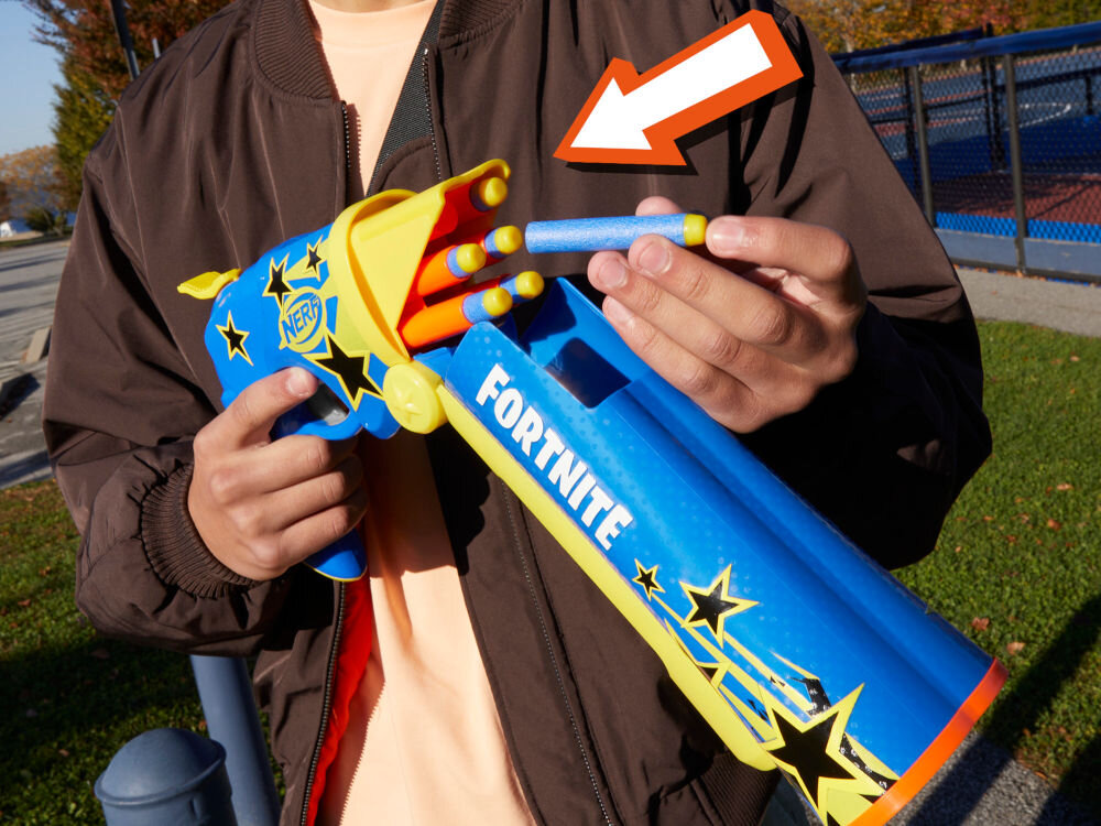 Wyrzutnia NERF Fortnite Half Tone Hero F8947EU4 obrotowy bębenek 6 piankowych strzałek wiele ruchu wiele emocji zabawa w domu zabawa na zewnątrz