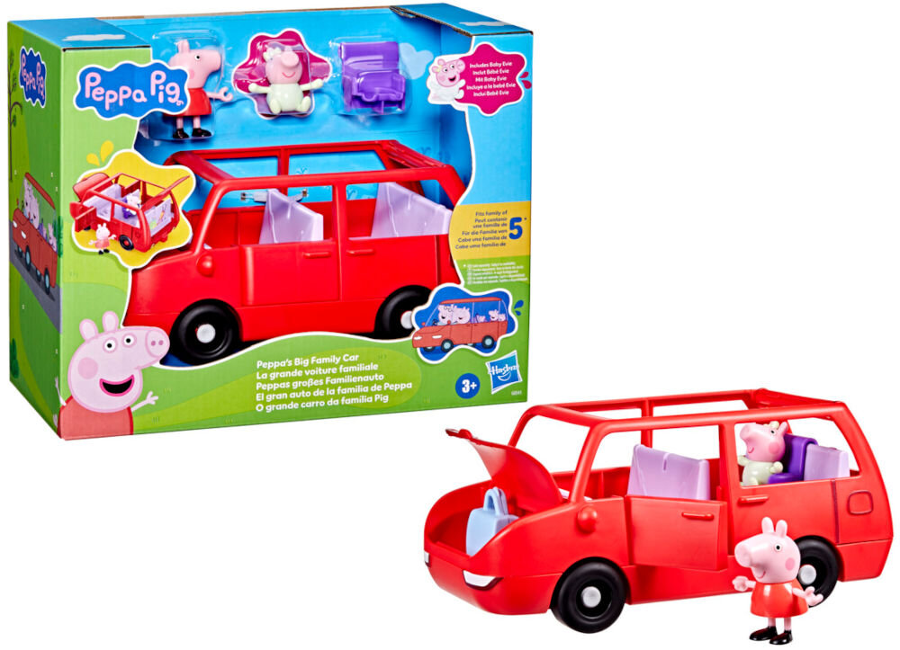 Zestaw figurek HASBRO Świnka Peppa Duży pojazd G05415L0 Zestaw zabawkowy Peppa Pig zaprezentowany obok swojego opakowania na białym tle. Duże, kolorowe pudełko z napisem Peppa's Big Family Car pokazuje grafikę auta i okienka z figurkami Peppy, George'a i fioletowym fotelikiem. Obok stoi czerwony van z otwartym bagażnikiem, w którym jest błękitna torba, a przy nim figurka Peppy.