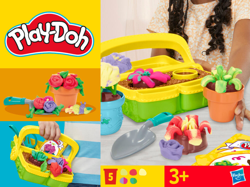 Ciastolina PLAY-DOH Blooming Flowers G04925L0 grafika podzielona na 3 części skrzyneczka z akcesoriami kwiaty przenoszenie skrzynki z zawartością ikona z 5 pojemnikami wiek 3+