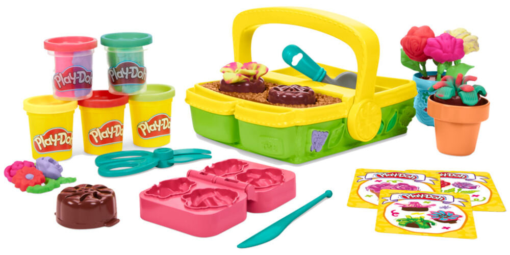 Ciastolina PLAY-DOH Blooming Flowers G04925L0 elementy zestaw 5 tubek ciastoliny nożyczki nożyk łopatka foremki doniczka 4 łodygi 4 krążki 3 karty z instrukcjami skrzynka ogrodowa