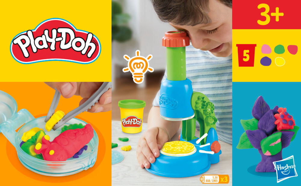 Ciastolina PLAY-DOH Light and look Microskope G04945L0 podzielona grafika mikroskop z właczonym światełkiem preparaty do badania ikona z 5 pojemnikami masy wiek 3+