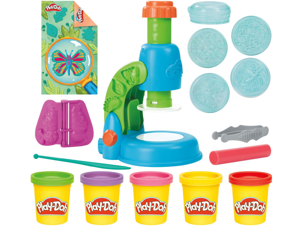 Ciastolina PLAY-DOH Light and look Microskope G04945L0 elementy zestaw 5 tubek ciastoliny nożyk foremka pęseta wałek mikroskop 4 szkiełka mikroskopowe