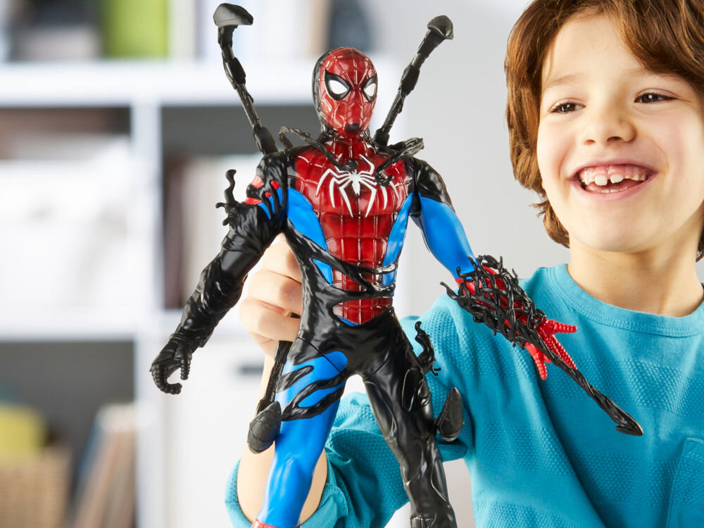 Figurka MARVERL Spider-man Venomversus Liquid Shifter G07285L0 uśmiechniete dziecko bawiące się figurką karton z grafiką kolekcjonerska figurka zabawka dla dzieci od 4 roku życia