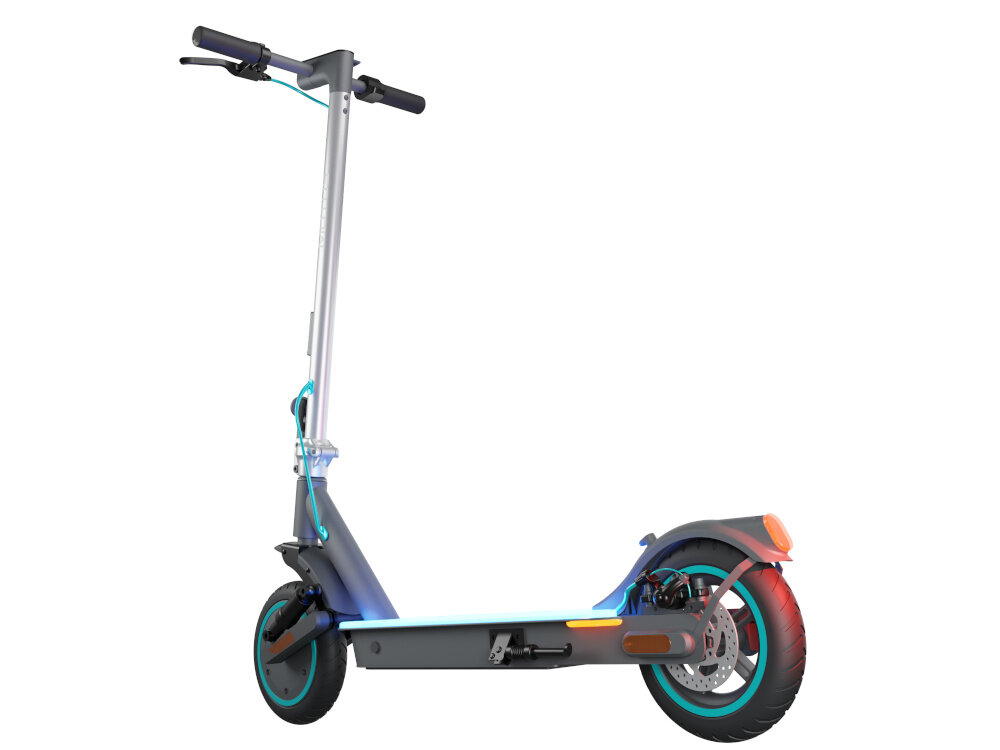 Hulajnoga elektryczna MOTUS Scooty NeoLite 19km 250W 8.5 cali Podświetlany podest Szary huljanoga na białym tle widoczna od tyłu pod skosem podświetlone tylne światło kierownica o wysokości 112 cm podróżowanie w wyprostowanej pozycji ciała intuicyjny wyświetlacz LCD kontrolowanie i sprawdzanie wszelkich informacji o stanie hulajnogi