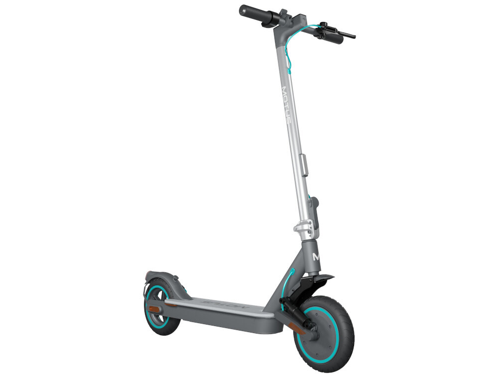Hulajnoga elektryczna MOTUS Scooty NeoLite 19km 250W 8.5 cali Podświetlany podest Szary huljanoga na białym tle widoczna od przodu pod skosem przednie i tylne światła kierunkowskazy bezpieczeństwo