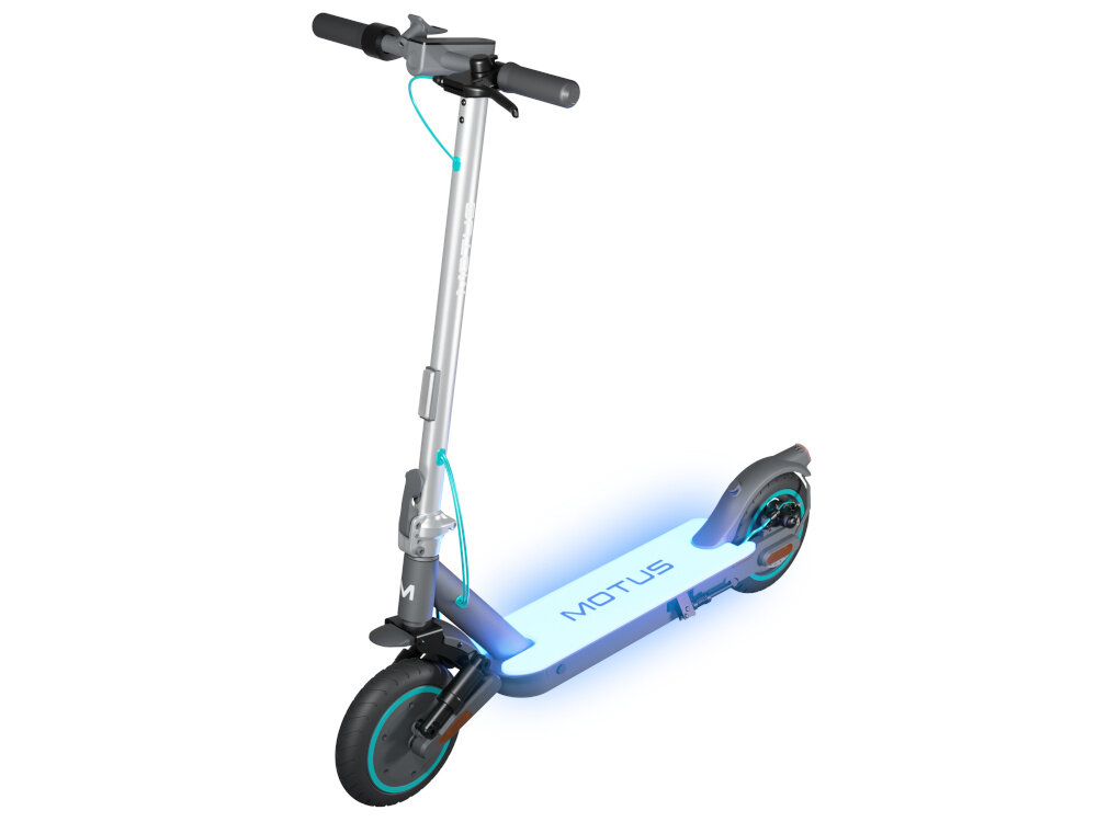 Hulajnoga elektryczna MOTUS Scooty NeoLite 19km 250W 8.5 cali Podświetlany podest Szary huljanoga na białym tle z podświetlonym podestem sygnał dźwiękowy komunikowanie się z innymi użytkownikami drogi bezpieczeństwo Tempomat pozwala ustawić i utrzymywać stałą prędkość pojazdu zwiększenie bezpieczeństwa na drodze i oszczędność energii