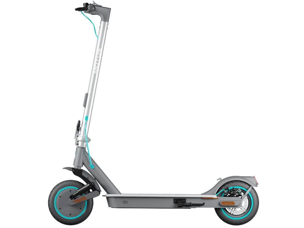 Hulajnoga elektryczna MOTUS Scooty NeoLite 19km 250W 8.5 cali Podświetlany podest Szary huljanoga na białym tle widoczna z boku bateria 36 V o pojemności 6 Ah zasięg do 19 km bateria litowo-jonowa czas ładowania około 3-4 godziny