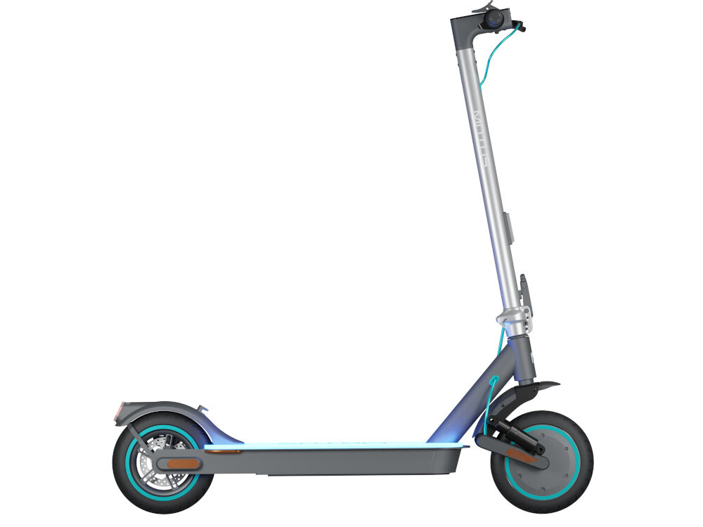 Hulajnoga elektryczna MOTUS Scooty NeoLite 19km 250W 8.5 cali Podświetlany podest Szary huljanoga na białym tle widoczna z boku przyjazna dla środowiska system KERS odzyskiwanie energii kinetycznej bateria będzie starczała na dłużej większy zasięg