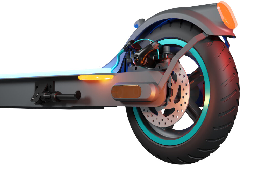 Hulajnoga elektryczna MOTUS Scooty NeoLite 19km 250W 8.5 cali Podświetlany podest Szary zbliżenie na hamulec bezpieczeństwa tylny hamulec tarczowy mechaniczny bardzo duża siła hamowania niemal bezawaryjny działa na każdej nawierzchni