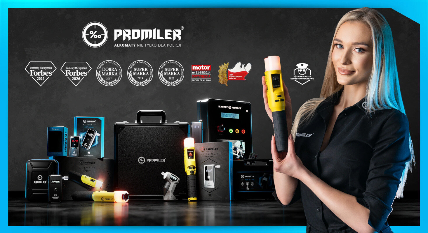 Na obrazie widoczna jest kobieta trzymająca alkomat PROMILER GR 9500 Professional, a w tle znajdują się różne opakowania i urządzenia marki PROMILER. Na górze obrazu widnieją logotypy nagród i wyróżnień, w tym \'Forbes 2024\' i \'Super Marka\'.